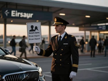 Professional driver in uniform holding a sign with a passenger's name at Ercan Airport arrivals, blurred background of airport terminal, low-key lighting.