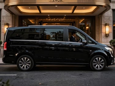 Side profile of a black Mercedes-Benz V-Class van parked in front of a luxury hotel entrance, professional driver in uniform opening the door, dramatic low-key lighting.