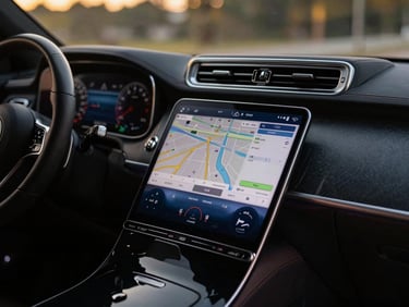 Close-up of a luxury Mercedes-Benz dashboard with a tablet displaying flight tracking information, interior cabin view, golden hour light.