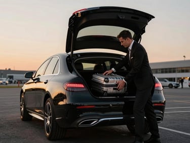 Professional driver loading a luxury suitcase into the trunk of a gleaming black Mercedes-Benz, polished car exterior, Ercan Airport background.
