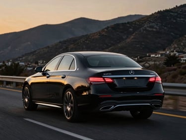 Rear view of a black Mercedes-Benz E-Class sedan driving on a scenic highway in Northern Cyprus, dusk lighting, golden hour reflections on the car, mountains in the background.