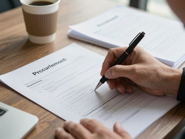 Close-up of a procurement officer's hand writing annotations on a printed compliance checklist, office desk with a coffee cup and loose documents in the background, daylight from a nearby window