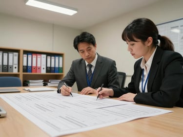 Wide shot of a small municipal meeting room, two procurement officers reviewing a printed tender timeline spread across the table, fluorescent overhead light, stacked binders visible on a shelf behind them