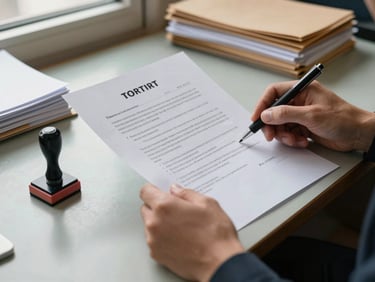 Close-up of hands holding a printed contract page with a rubber stamp nearby on a worn municipal desk, natural daylight from a side window, stacks of folders visible in the soft background