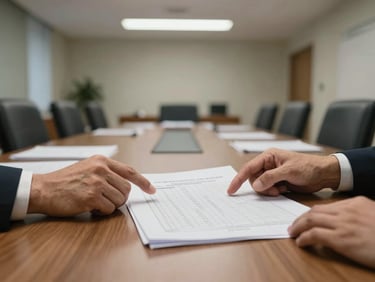 Wide environmental shot of a meeting table in a municipal office with bid documents spread open, two sets of hands pointing at a checklist on paper, overhead fluorescent lighting, no staged poses