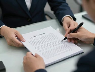 Close-up overhead shot of a procurement officer's hands turning pages of a printed edital on a municipal office desk, a pen resting on an open annotation, fluorescent office light, no faces visible