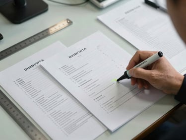 Overhead shot of bid documents, printed specification sheets and a ruler spread across a municipal office table under fluorescent light, a hand holding a highlighter mid-mark