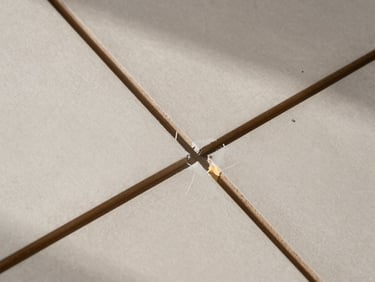 Close-up overhead shot of drywall panel seams being taped mid-installation on interior partition framing, north-facing daylight, texture of gypsum board surface visible, precise geometric lines