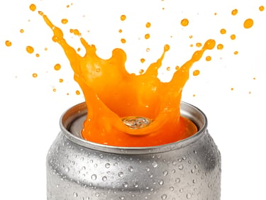 Extreme close-up of vibrant orange liquid splashing out of a modern beverage can, condensation-beaded aluminum, crisp studio lighting, sharp shadows, white background