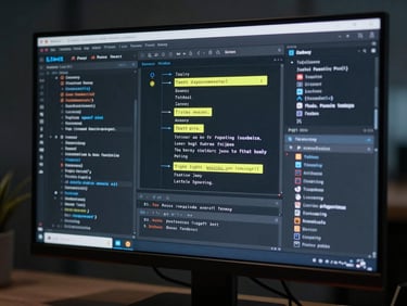 Tight crop of a monitor showing a model reasoning trace with highlighted anomaly flags in a dark IDE, cool studio strobe lighting, no human face