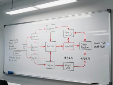 Overhead shot of a whiteboard covered in a data pipeline diagram with red annotations marking injection points, clinical fluorescent lab lighting, no people in frame