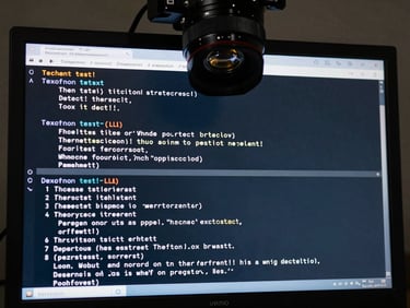 Tight overhead crop of a terminal screen displaying prompt injection test sequences and raw LLM responses, cool clinical studio lighting, no human present