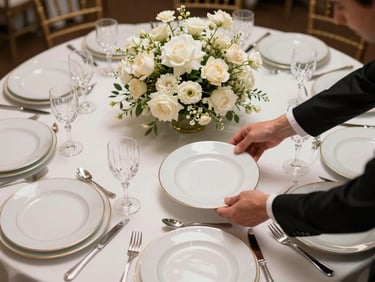 Overhead view of a formally plated wedding reception table mid-service — white and ivory floral centerpiece, crystal glassware, gold-rimmed china, staff hands setting a final course plate with precise placement, studio-controlled light from above showing plating architecture clearly