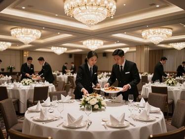 Wide environmental shot of a corporate gala dinner in a large hotel ballroom — rounds of eight with branded napkin folds, staff in uniform moving between tables during first-course service, overhead chandeliers and perimeter uplighting creating layered controlled illumination, no guests visible, focus on table design and service flow