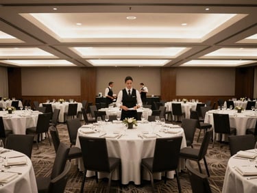 Wide environmental shot of a corporate gala ballroom during service — round tables with identical place settings, staff in position, controlled overhead lighting, no guests visible
