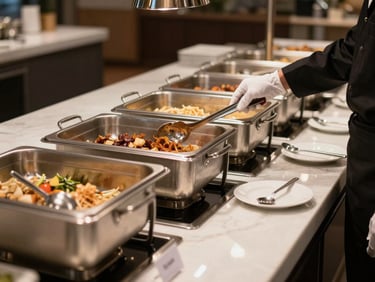 Side-angle view of a luxury buffet station mid-service — chafing dishes in a precise line, labeled cards in serif type, a gloved staff hand adjusting a serving utensil, controlled ambient light