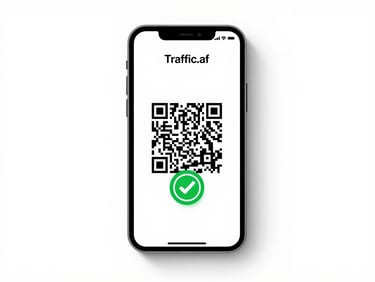 Flat-on, centered studio shot of a modern smartphone displaying the official Traffic.af digital registration screen. The screen shows a clean QR code and official green verification badge. High-contrast daylight, pure white background.