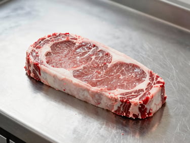 Fresh raw beef steak on a clean stainless steel counter, bright daylight, high-key commercial photography