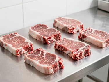 Fresh raw beef cuts arranged on a clean stainless steel surface in a bright, high-key processing room, professional lighting, 50mm lens