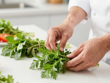 Close-up of chef's hands sorting fresh, vibrant green herbs and vegetables in a clean, bright commercial kitchen