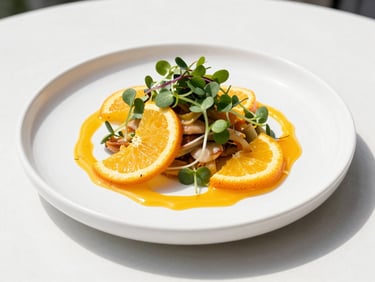 Beautifully plated fresh dish with vibrant citrus orange glaze and microgreens, shot in crisp natural light on a white table