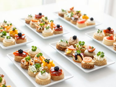 Bright, high-key food photography of modern catering platters with colorful appetizers, garnished with fresh herbs, soft daylight