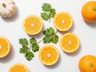 Overhead flat-lay of fresh citrus, chopped cilantro, and raw ingredients on a crisp white marble surface, bright natural daylight, high-key food photography