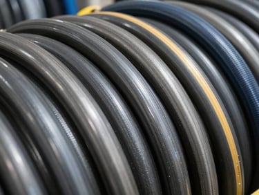 Sharp industrial photography of heavy-duty industrial hoses in a clean warehouse inventory, 35mm, cool steel tones with warm golden safety accents, high-contrast lighting