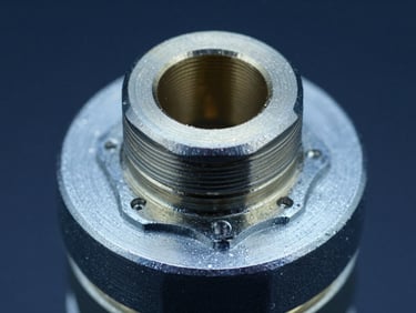 Macro shot of heavy-duty brass quick-release hydraulic coupling, sharp metallic reflections, cool blue tones, 35mm
