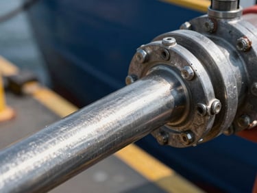 Heavy-duty industrial hose transferring fuel at a marine port, sharp metallic lighting, cool steel tones, 35mm