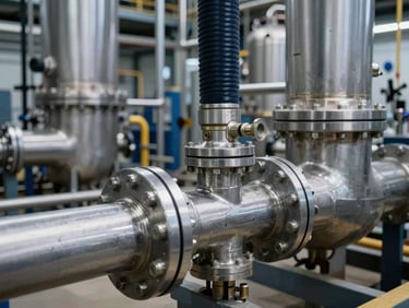 Industrial hose system inside a modern chemical processing plant, high-contrast lighting, 35mm