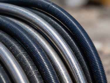 Abrasive slurry hose on a heavy construction site, high-contrast metallic lighting, 35mm