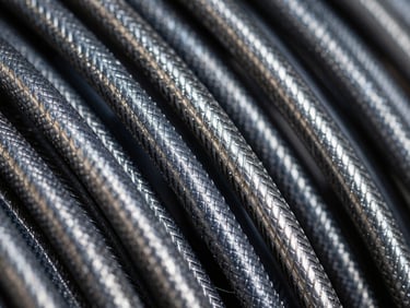 Sharp industrial photography of high-pressure steel-wire hose braids, macro depth of field, cool steel and deep navy tones, high-contrast metallic lighting, 35mm