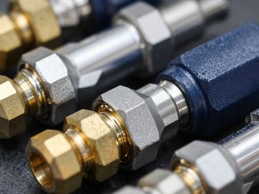 Sharp industrial photography of precision-engineered brass and steel hydraulic fittings, macro depth of field, high-contrast metallic lighting, 35mm