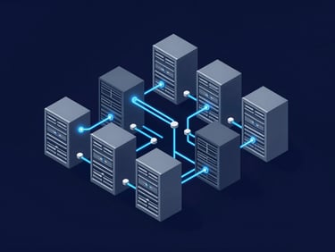 Minimalist vector illustration of isometric server racks connected by glowing blue data lines and silver nodes, representing a secure local AI database integration, high-tech, clean lines, corporate navy background.
