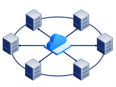 Minimalist technical schematic of secure data flow between local server nodes and a centralized cloud core, using navy and corporate blue lines on a crisp white background.