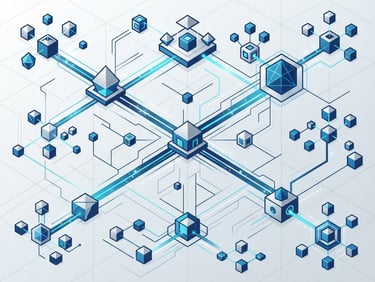 Minimalist vector illustration of interconnected geometric nodes representing secure sovereign network topology, corporate blue and silver palette, sharp lines.