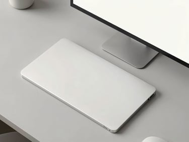 Overhead flat-lay of a minimalist desk setup with a clean digital interface on a screen, soft diffused natural light, neutral gray tones, sharp focus, 50mm