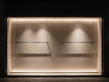 Modern commercial retail space with precise architectural lighting paths, highlighting textures on the wall, no glare, high-contrast shadows