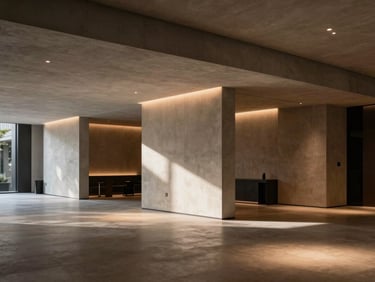 Minimalist luxury hotel lobby with warm recessed lighting, clean concrete lines, dramatic chiaroscuro shadows, elegant editorial mood