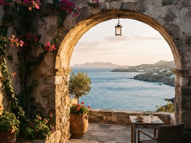 A sun-drenched stone archway of a historic Mediterranean villa, overlooking a calm blue sea at golden hour, warm shadows, quiet luxury aesthetic, 35mm film.