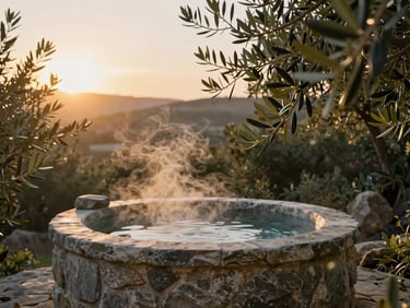 A private open-air stone bath surrounded by olive branches under a warm golden sunset, steam rising gently, serene wellness setting.