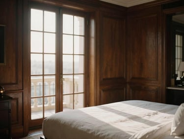 Elegant high-ceilinged hotel suite with dark wood paneling, white linen sheets, and soft morning light filtering through tall French doors.