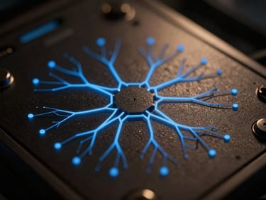 Macro shot of a neural network interface, gunmetal textures, electric blue highlights, dramatic chiaroscuro.