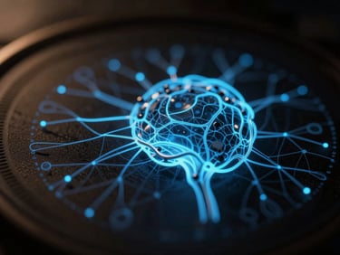 Macro shot of a glowing neural network interface, electric blue highlights, deep shadows, dark cinematic photography, anamorphic lens, 35mm