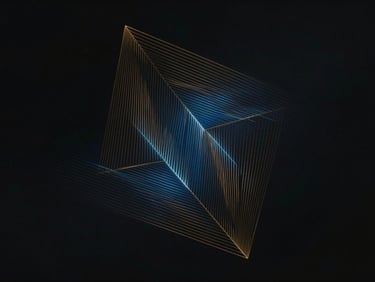 Abstract geometric pattern with subtle gold lines and electric blue glow, representing complex thought and innovation.