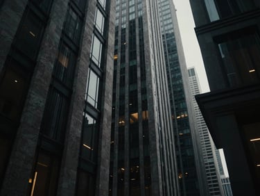 Cinematic wide-angle view of futuristic city architecture, stone and glass, low-key lighting, deep obsidian tones.