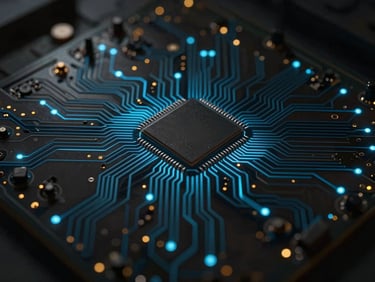 Stylized circuit board with glowing electric blue traces, macro shot, dark cinematic photography, 35mm