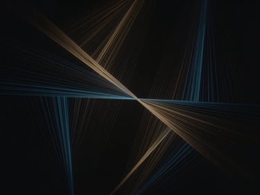 Abstract geometric patterns with subtle gold and electric blue light refractions, representing quantum data flow, dark cinematic photography, 35mm