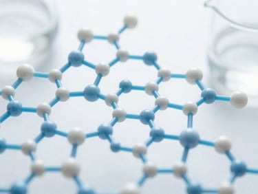 Abstract hexagonal molecular structure in pale blue and white, suggesting cellular healing, laboratory glassware in the background, clean scientific photography, bright high-key clinical light, pale blue and white tones, macro depth of field